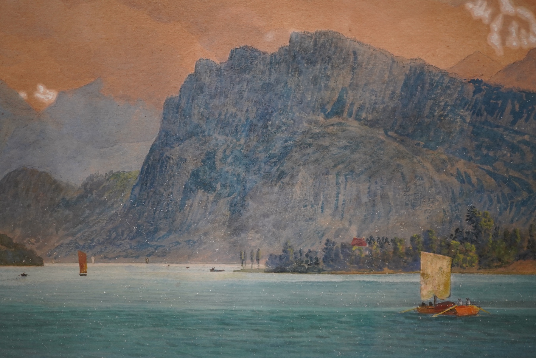 19th century, heightened watercolour, Study of Lake Lucerne, inscribed in ink verso, 40 x 71cm. Condition - fair